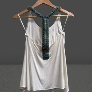 NEW Sky Dionicia White Embellished T-Back Tank Top Turquoise Beaded XS